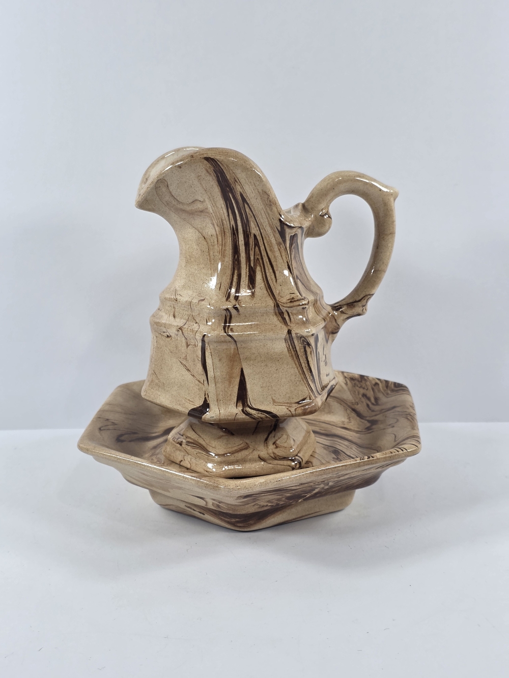 Vintage Ash Clay Pitcher And Basin Tan And Brown Swirl
